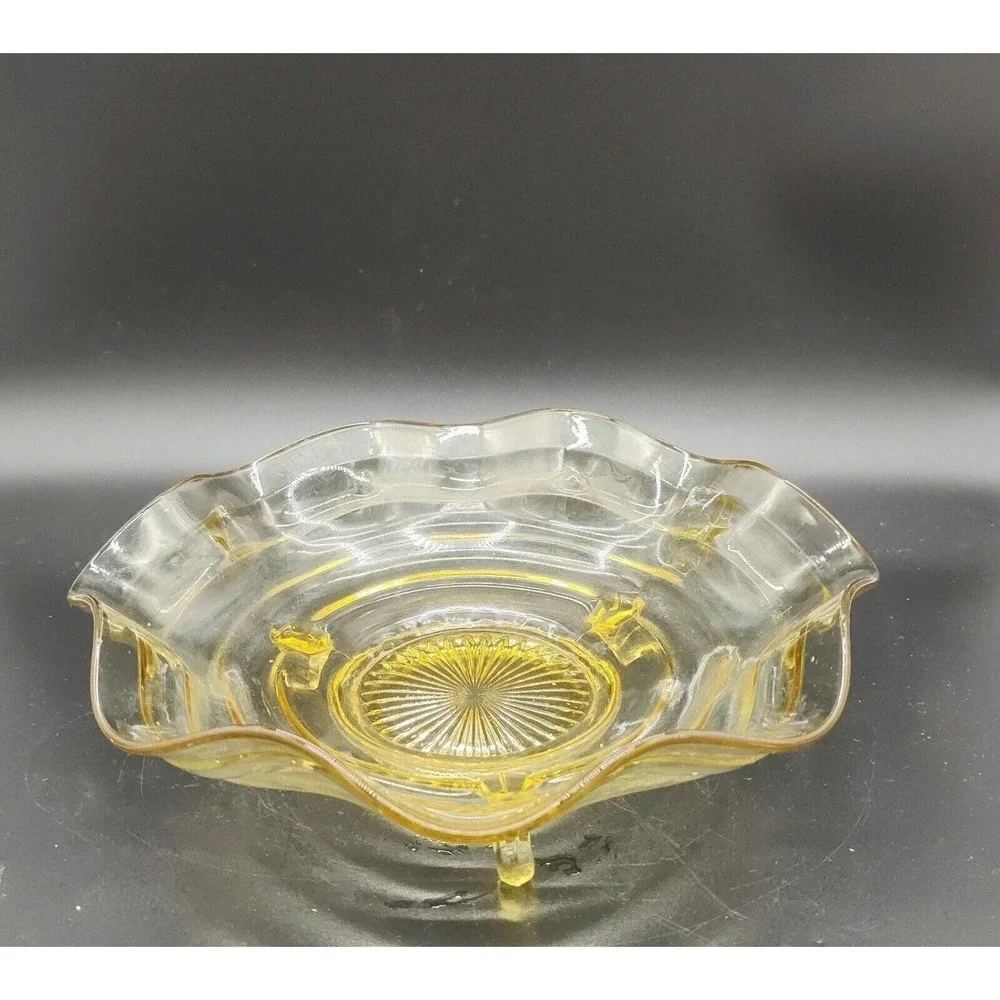 Lancaster Topaz Yellow 3 Toed ElegantCenterpiece, Fruit Bowl-Ruffle Ribbon Sides